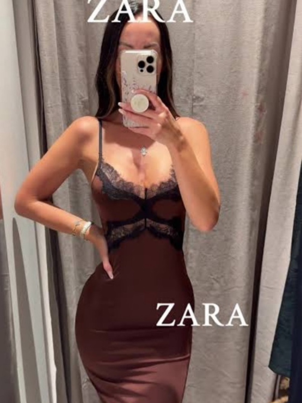 ZARA Chocolate Brown Slip Dress with Black Lace